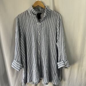 Ali Miles White Blue Stripes Button Stand Up Collar Tunic Shirt Sz 1X Lagenlook
